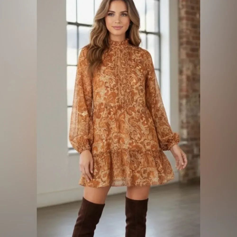 House of Harlow 1960 Paisley Boho Mini Dress Mock Neck Paisley Peasant Sleeve M